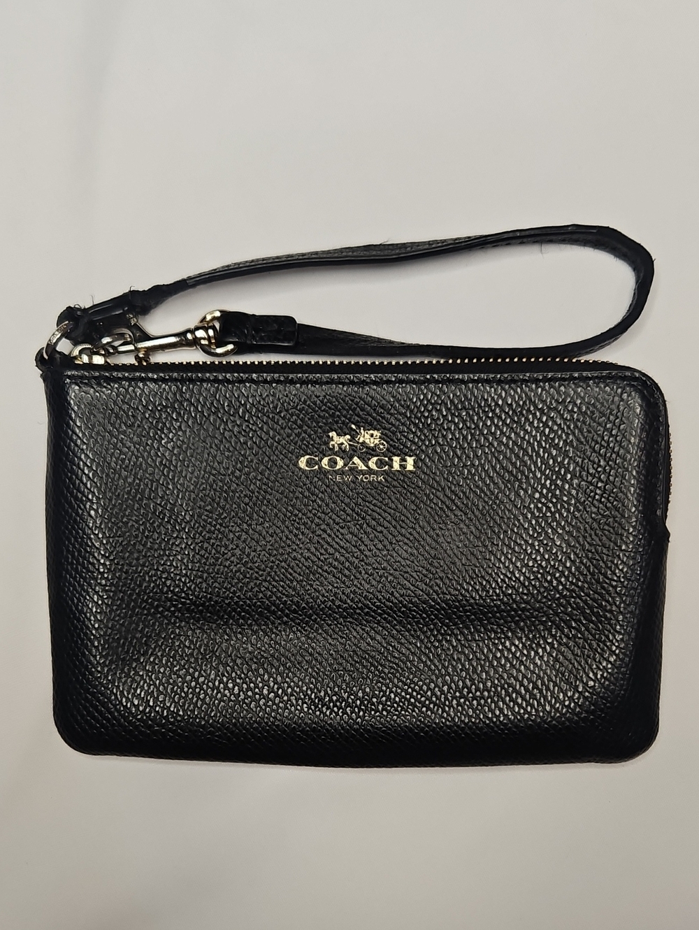 Coach Black Pebbled Leather Wristlet with Gold Logo